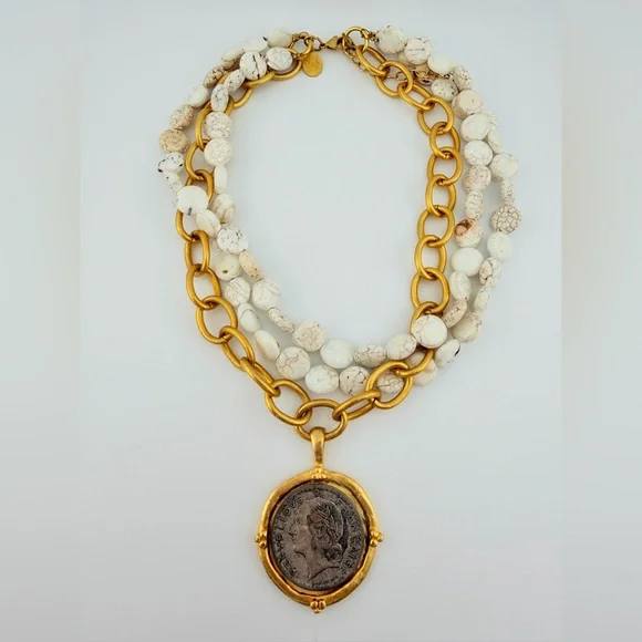 Susan Shaw Mixed Metal Coin Multi-Strand White Turquoise Coin Necklace - Picture 8 of 9